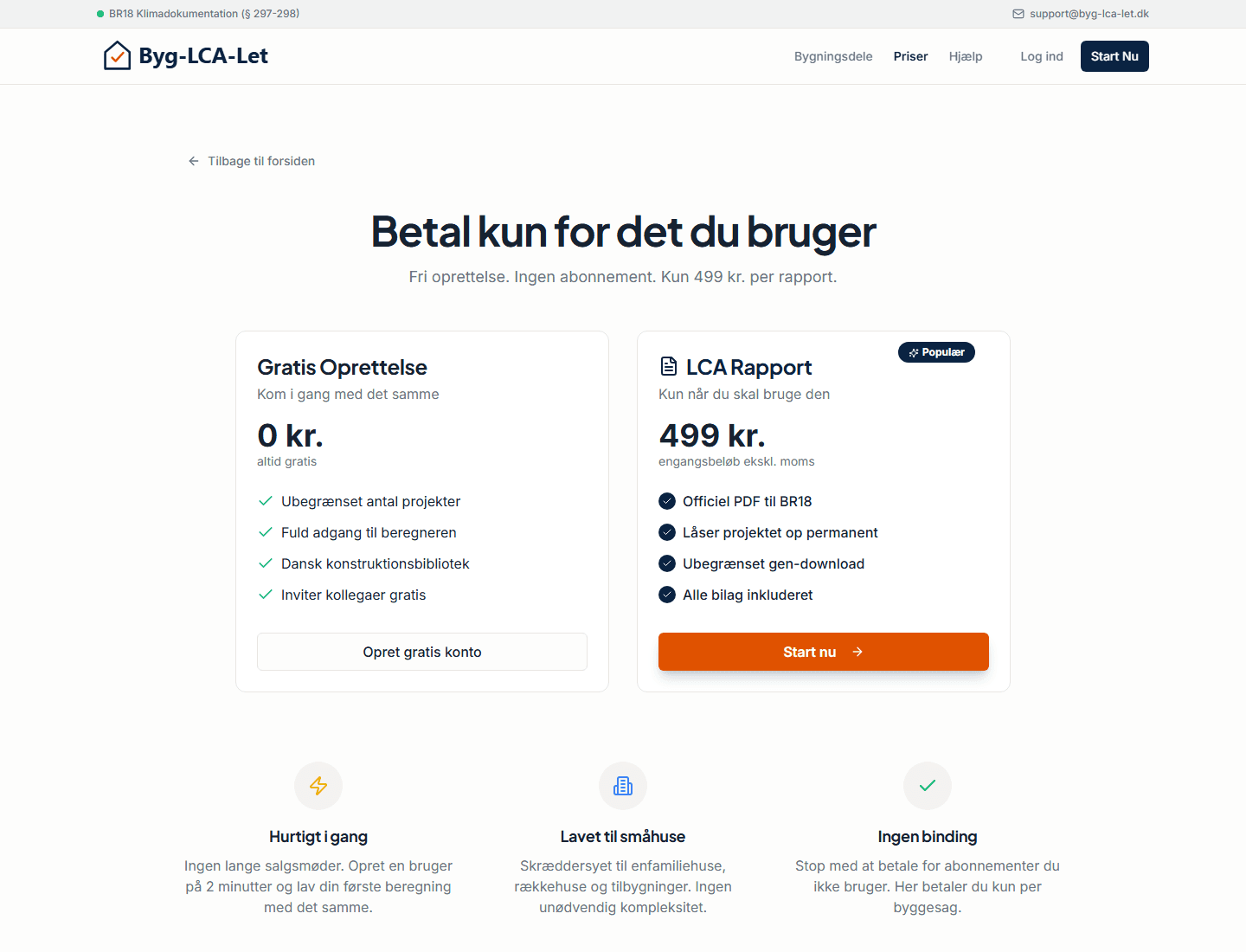Byg-LCA-Lets prisside med gratis opsætning og betaling pr. rapport.