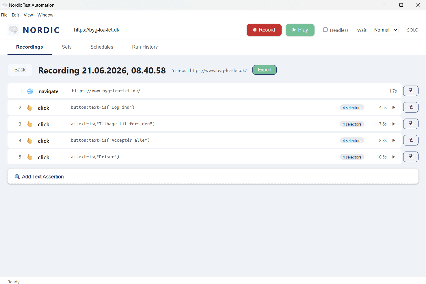 Nordic Test Automation viser en optaget browserarbejdsgang med fem trin og afspilningsknapper.